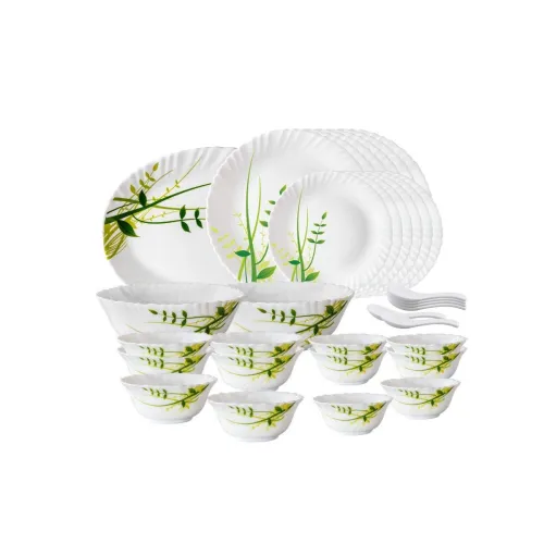 Image of Larah by Borosil Fluted Series Green Herbs Opalware Dinner Set | 33 Piece for Family of 6 | Microwave & Dishwasher Safe 