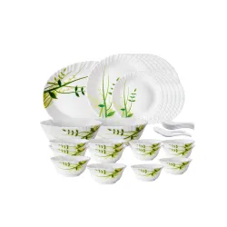 Larah by Borosil Fluted Series Green Herbs Opalware Dinner Set | 33 Piece for Family of 6 | Microwave & Dishwasher Safe 