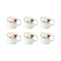 Larah by Borosil Red Lily Opalware Mug Set, 6 Piece, White, 180 Ml