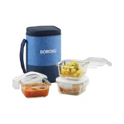 Borosil Lunchbox with Bag | 3pc 320ml Square Container Set | Made in India Borosilicate Glass Tiffin | Microwave & Dishwasher Safe Lunch Box for Office, College & School (Prime)