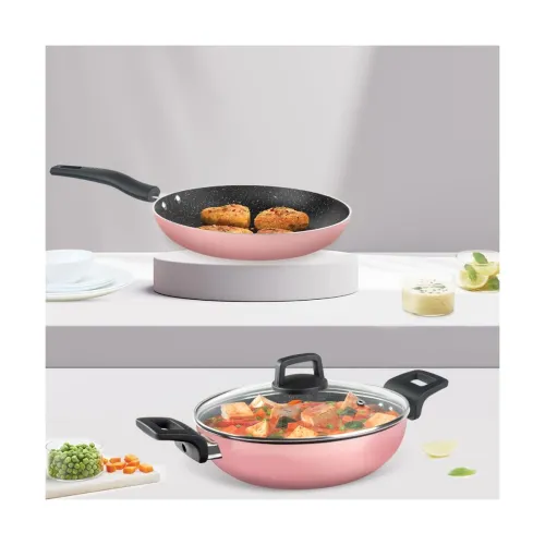 Image of Borosil Festive Glory Non-Stick Set of 3 Kadhai (24 cm), Fry Pan (24 cm) & 1 Lid, Gas Stove & Induction Compatible, Meta