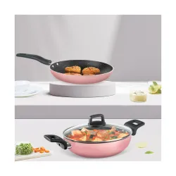 Borosil Festive Glory Non-Stick Set of 3 Kadhai (24 cm), Fry Pan (24 cm) & 1 Lid, Gas Stove & Induction Compatible, Meta