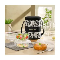 Borosil Nostalgia Borosilicate Glass Lunchbox with Bag | 3 pc Round Container Set (320 ml Each) | Microwave & Dishwasher Safe, Leakproof | Tiffin for Office, School, College | Transparent