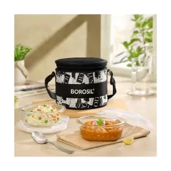 Borosil Nostalgia Borosilicate Glass Lunchbox with Bag | 2 pc Round Container Set (320 ml Each) | Microwave & Dishwasher Safe, Leakproof | Tiffin for Office, School, College | Vertical