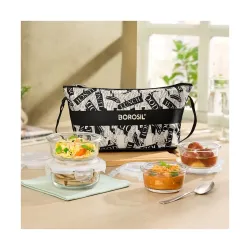 Borosil Nostalgia Daisy Borosilicate Glass Lunchbox | 4 pc Round Container Set (320ml x 2 + 240ml x 2) | Microwave & Dishwasher Safe, Leakproof | Tiffin for Office, School, College | Transpa...