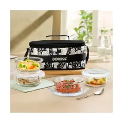 Borosil Nostalgia Union Lunchbox | 4pc Round (240ml x 2 + 400ml x 2) Container Set | Made in India Borosilicate Glass Tiffin | Microwave & Dishwasher Safe Lunch Box for Office, College & Sch...