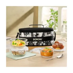 Borosil Nostalgia Universal Borosilicate Glass Lunchbox | 4 pc Round Container Set (320ml x 2 + 240ml x 2) | Microwave & Dishwasher Safe, Leakproof | Tiffin for Office, School, College | Tra...