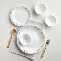 Larah by Borosil Pack of 13 Opalware Dinner Set (Pink, Black, Microwave Safe)