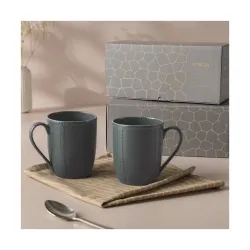 Borosil Porcelia 350 ml x 2pc Elva Slate Tea/Coffee Mug Set | Porcelian Everyday Use Cups | Elegent Embossed Designs | Microwave & Dishwasher Safe Crockery for Gifting & Dining