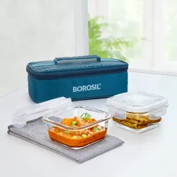 BOROSIL Teal Lunch Box with Bag 2pc (320 ml x 2 Square)
