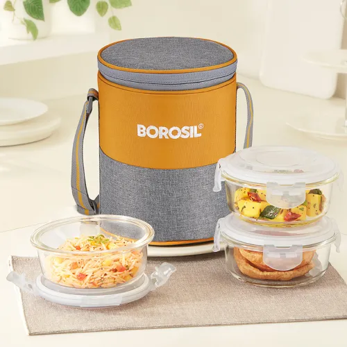 Image of BOROSIL Zest Borosilicate Glass Lunchbox 3pc Square Set (400ml Each)