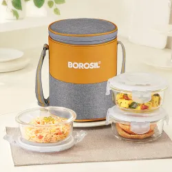 BOROSIL Zest Borosilicate Glass Lunchbox, 3pc Square Set (400ml Each), Office Tiffin Box 3 Containers Glass Office Lunch Box (1200 ml, Microwave Safe)