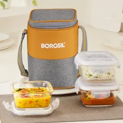 BOROSIL Zest Glass Lunchbox, 3pc Square Set (320ml Each)