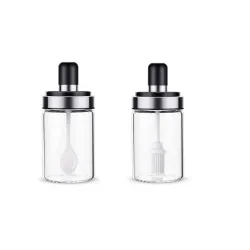 Borosilicate Glass Food Storage Spice Salt Sugar Condiment Jar with Spoon and Olive Oil Bottle with Brush Combo for Kitchen (Transparent)(Set of 2)(250ml)