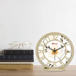 Bosco Analog Non Ticking Silent, Delicate Floral Print in Beige Colour
