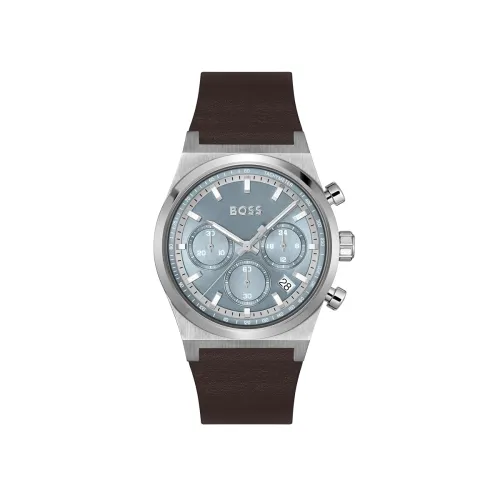 Image of BOSS Candor Chrono Qtz Fashion Chrono Ice Blue Round Dial Men's Watch|Brown