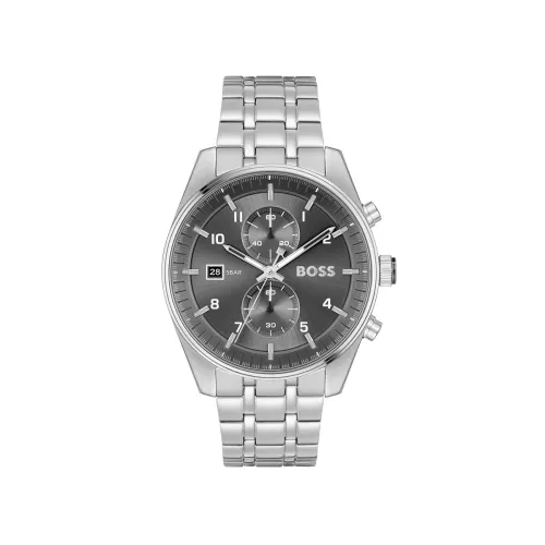 Image of Boss Skytraveller Qtz Fashion Chrono Grey Round Dial Men's Watch|Stainless Steel