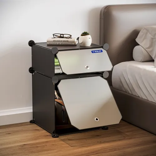Image of BOXJOY 2 Shelf Black Side Table with Door for Bedroom & Living Room