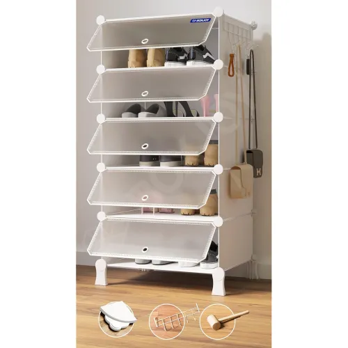 Image of BOXJOY 5 Shelf Shoe Rack Box Organizer with 5 Doors, Strong Magnets & 5 Hook Steel Holder for Home Storage, PP Plastic C