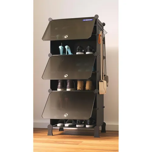 Image of BOXJOY 6 Shelf Black Shoe Rack with 3 Doors, 5 Hook Steel Holder & Wooden Hammer Home Storage PP Plastic Organizer with 