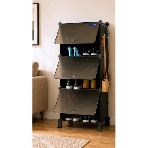 Image of BOXJOY 6-Shelf Shoe Rack 3 Doors 5 Hooks Black