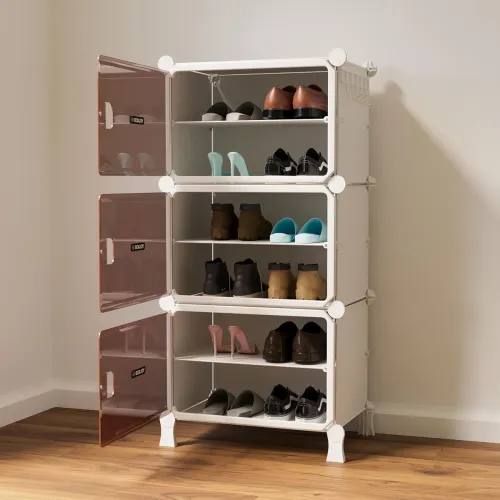 Image of BOXJOY 6 Shelf White Shoe Rack with 3 Brown Doors & Steel Holder