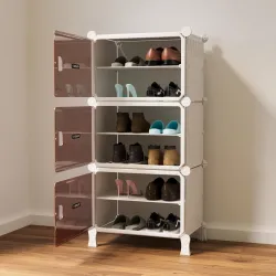 BOXJOY 6 Shelf White Shoe Rack with 3 Brown Doors & Steel Holder