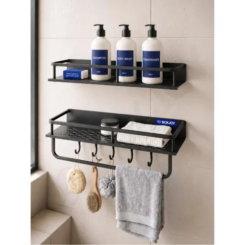 Image of BOXJOY Set of 2 Metal Bathroom Organiser with & Without Drill with 5 Hooks