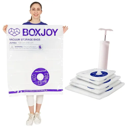 Image of BOXJOY 1 JUMBO 2 LARGE 2 MEDIUM Transparent Vacuum Storage Bags for Travelling | Packing Winter Clothes Blanket Pillows 
