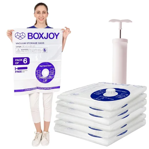 Image of BOXJOY Pack of 6 LARGE (60x80cm) Transparent Vacuum Storage Bags for Travelling Packing Clothes Blanket Pillows Cloth Sp