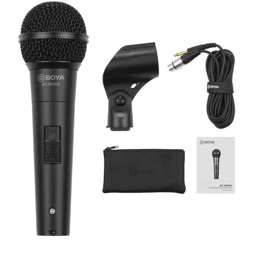 Image of Boya BY-BM58 Professional Cardioid Dynamic Microphone with 5 metre XLR Cable, Microphone Mount & Carrying Bag. Inbuilt p