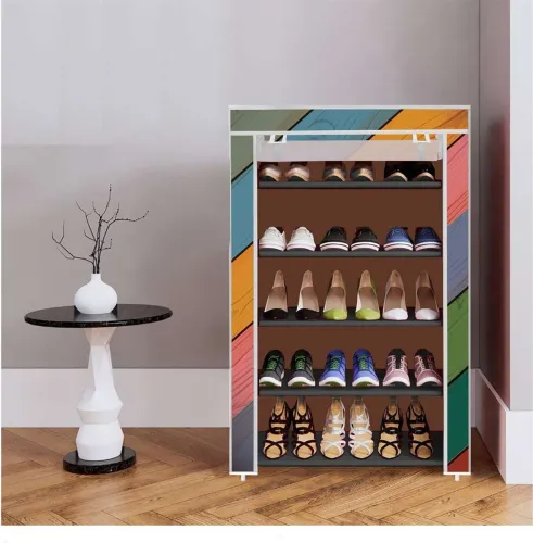 Image of BRANTOX 5 Shelf Foldable Collapsible ShoeRack Plastic Shoe Rack (16_Colorful Wood Print, 5 Shelves, DIY(Do-It-Yourself))