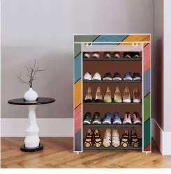 BRANTOX 5 Shelf Foldable Collapsible ShoeRack Plastic Shoe Rack (16_Colorful Wood Print, 5 Shelves, DIY(Do-It-Yourself))