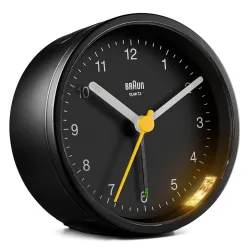 Braun Classic Analogue Alarm Clock with Snooze and Light, Quiet Quartz Movement, Crescendo Beep Alarm in Black, Model BC12B.