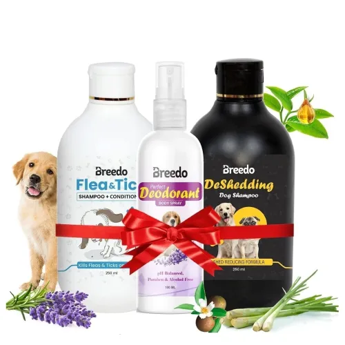 Image of Breedo (Combo Of 3) Dog Flea And Tick Shampoo +Deshredding Shampoo(500 Milliliter)+ 100 Milliliter Dog Body Deodorizer S