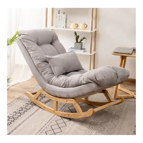 Image of Bros Moon Teak Wood Ergonomic Rocking Chair (Light Grey)