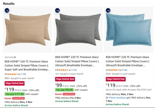 Image of BSB HOME® 220 TC Premium Glace Cotton Solid Striped Pillow Covers