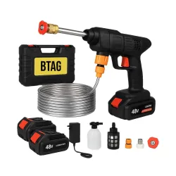 BTAG 48V Cordless High Pressure Car Washer Gun with Double Battery | Portable Water Jet Cleaner with Foam Bottle, Long Hose & Nozzle Set for Car, Bike, Home & Garden Cleaning. Pack of 1