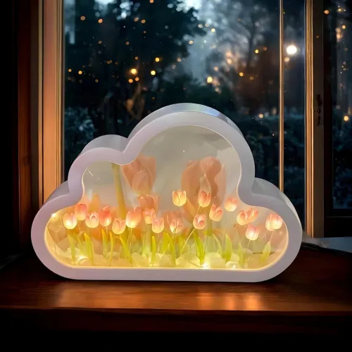 Image of BTfash Romantic 3D Tulip Night Light, Simply Elegant Flower Lamp with Wooden Base for Bedroom, Home Decor, Nursery (Tuli