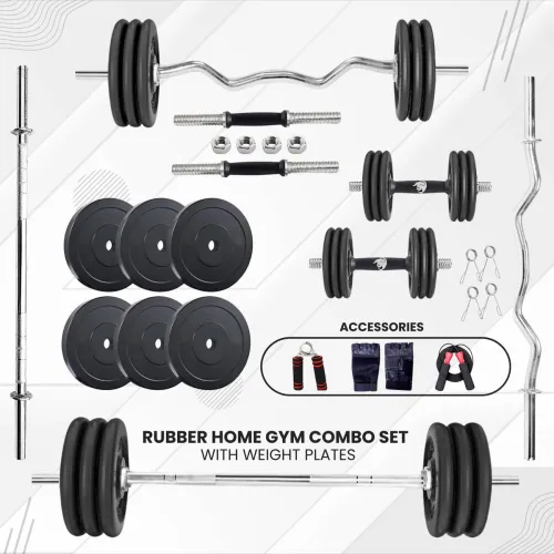 Image of BULLAR 30kg Rubber Weight Plates + Rods Home Gym Combo