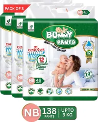 BUMMY PANTS Ultra Dry Baby Diapers with 5D Cross Core & 12-Hour Absorption | Pack of 3 - New Born (138 Pieces)
