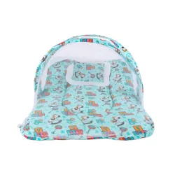 Bumtum Baby Horse Mosquito Net & Neck Pillow, Baby Gadda Set for New Born, 0-6 Month, Printed Baby Bedding, Sleeping Bed of 71cm x 47cm x 5cm, Sky Blue, Cotton, Free Size