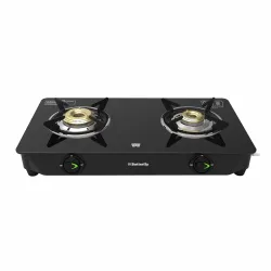 Butterfly Bleu Ray 2 Burner Glass Top Gas Stove | Removable Drip Tray | Brass Burner Gas Stove with Tri‑Flow Jumbo Burner