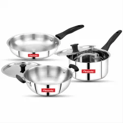 Butterfly Classic Stainless Steel Cookware 5 Pcs Set|Fry Pan 22Cm(1.4L)|Kadai 22Cm(2.2L)|Saucepan 16Cm(1.6L) with Steel Lids|Induction Base,Triply Bottom|Even,Fast Cooking with Less Oil,Silv...