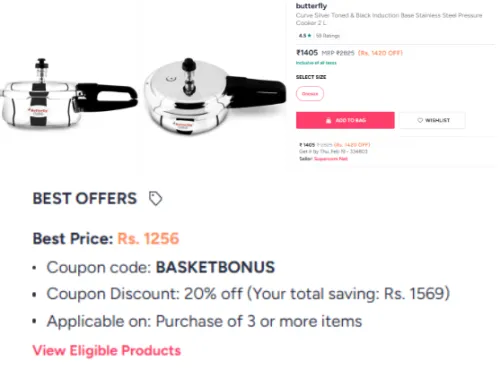 Image of butterfly Curve Silver Toned Stainless Steel Pressure Cooker 2 L