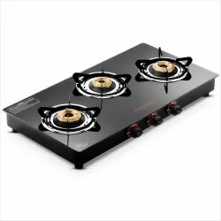 Butterfly Rapid 3 Burner Glass Top Gas Stove | Auto Ignition | Scratch Resistant Toughened Glass | Brass Burners | Skid-