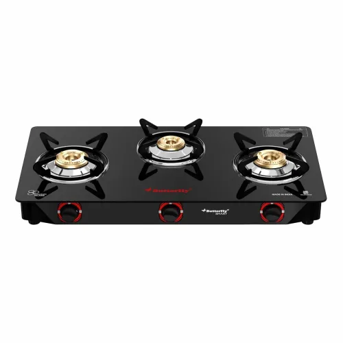 Image of Butterfly Smart 3 Burner Glass Top Gas Stove Manual Ignition