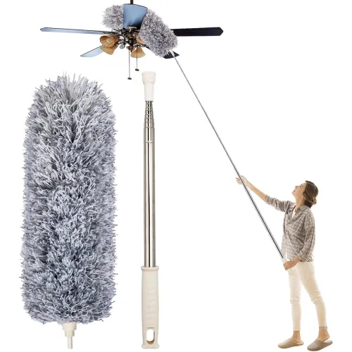 Image of BUYERZONE Microfiber Feather Duster Bendable & Extendable Fan Cleaning Duster with 100 inches Expandable Pole Handle Was