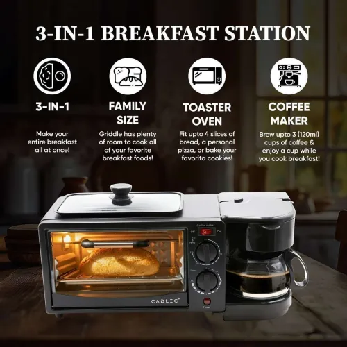 Image of Cadlec 10-Litre 3 in 1 Breakfast Maker With Oven, Coffee Maker, Frying Pan Adjustable Temperature & Timer, Bake, Grill &