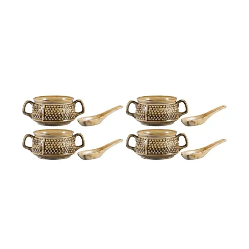 Image of Caffeine Ceramic Handmade Brown Metallic Double Handled Soup Bowl (Set of 4)